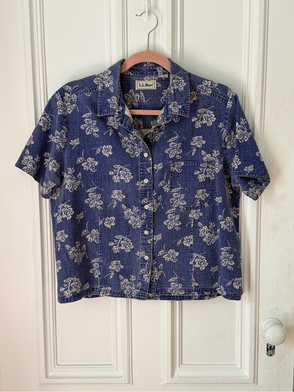 Vintage LL Bean Short Sleeve Floral Button Front Chambray Shirt Size XL